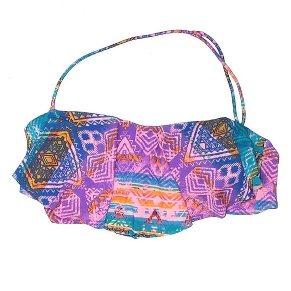 🌺 Jessica Simpson Flounce Bandeau Bright Boho Print Bikini Top Size M - Picture 1 of 9